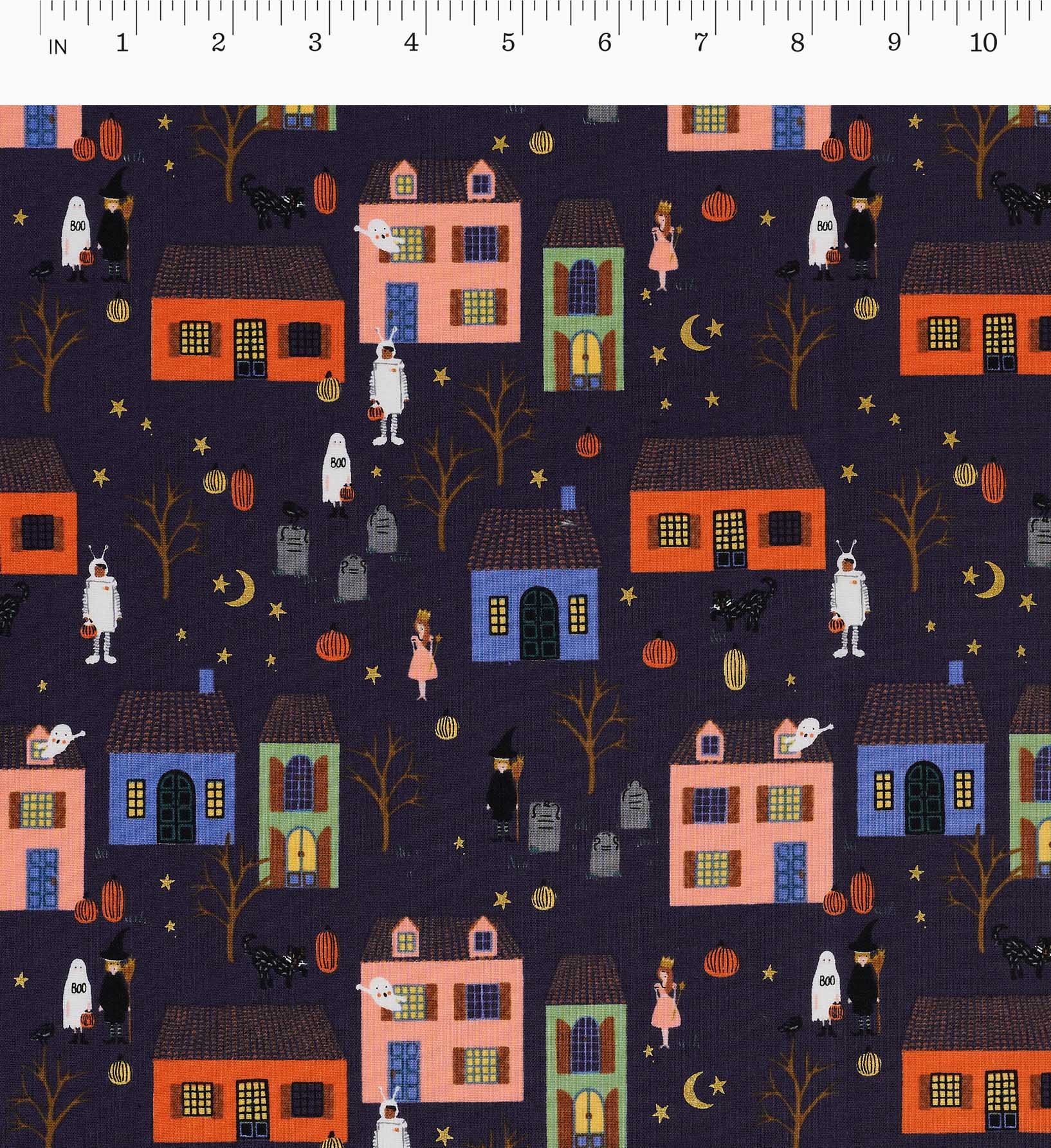 Halloween Night Cotton Metallic Fabric - Indigo and Gold