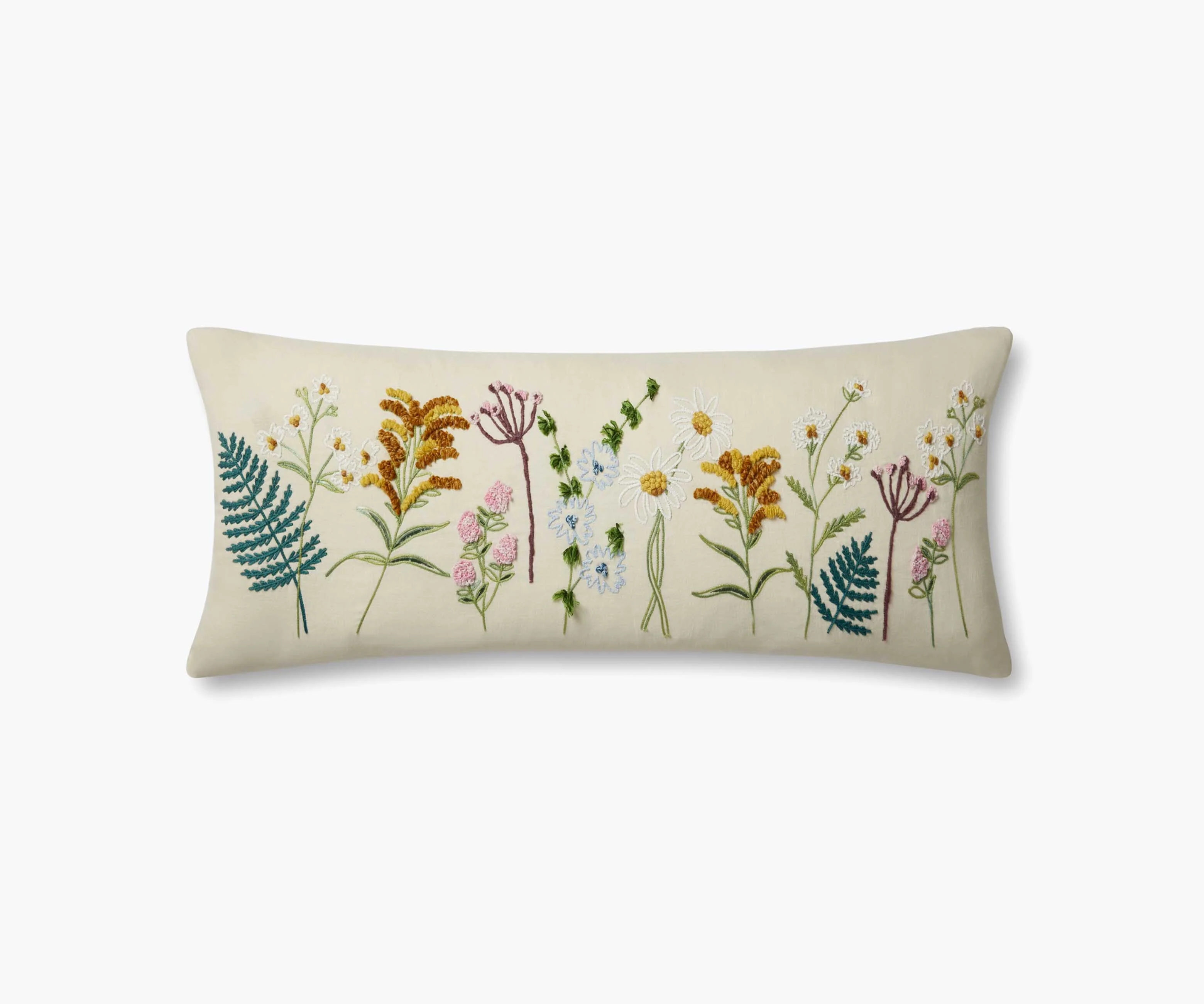 Wildflowers Embroidered Lumbar Pillow - Cream